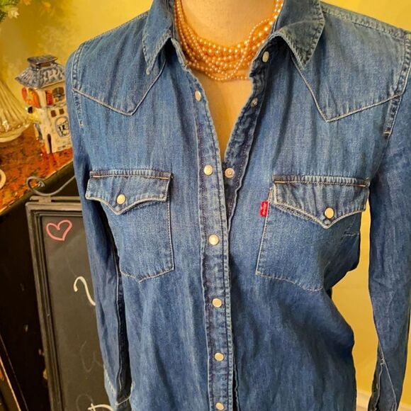 Rare HTF Design! Levi’s Sz S Embroidered Denim Pearl Snap Shirt - Picture 8 of 11